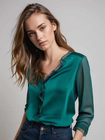 Elegante Damen Bluse Langarm Rüschen Schwarz