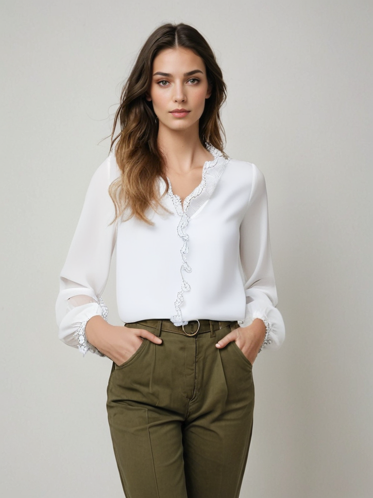 Elegante Damen Bluse Langarm Rüschen Schwarz