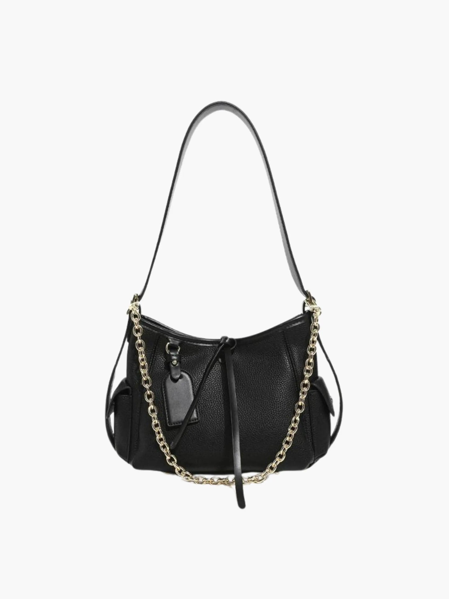 Leder Schultertasche mit Kettenakzent Echtleder Schwarz - BerlinGlamour