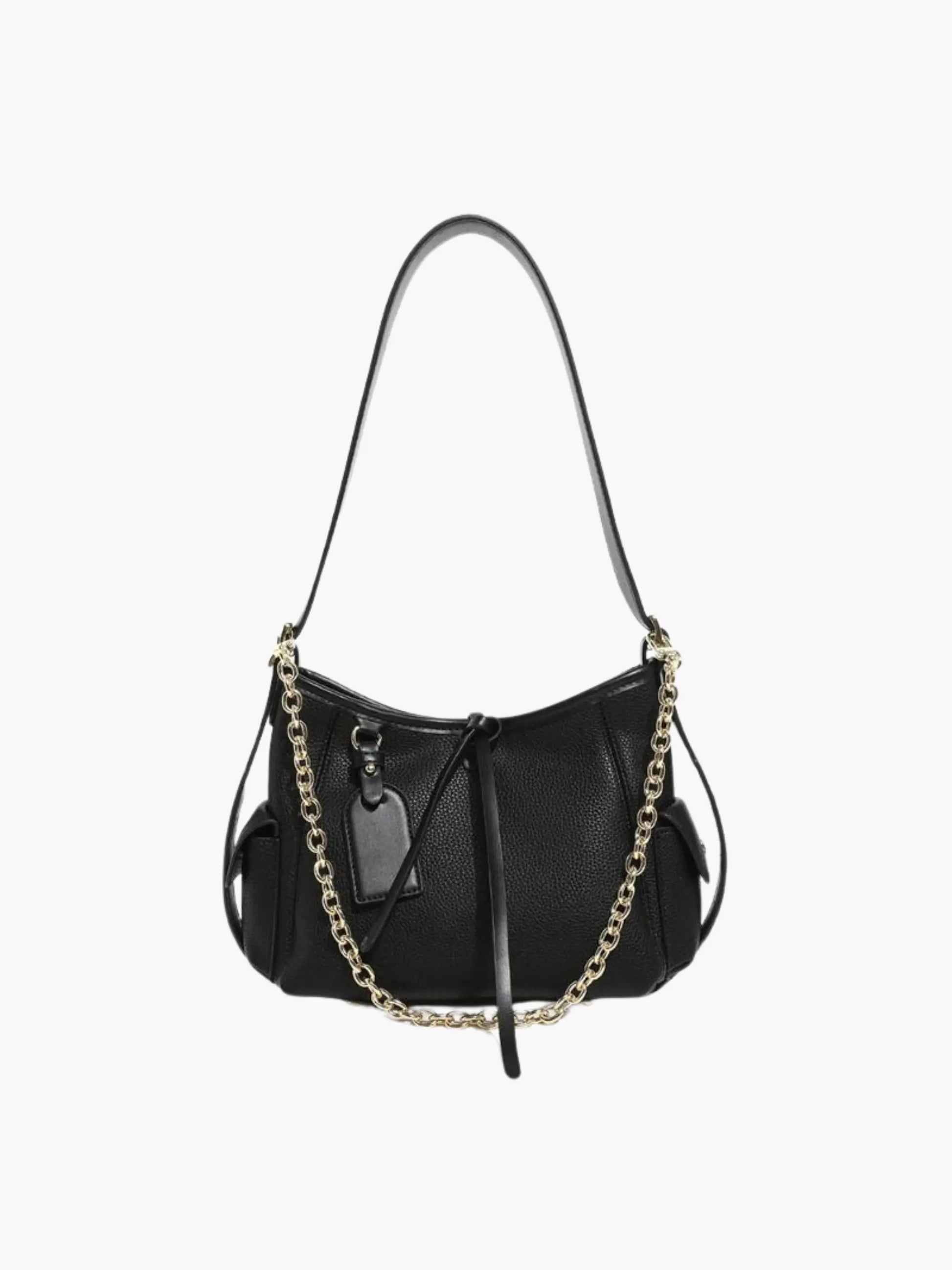 Leder Schultertasche mit Kettenakzent Echtleder Schwarz - BerlinGlamour