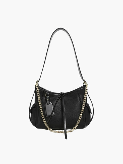 Leder Schultertasche mit Kettenakzent Echtleder Schwarz - BerlinGlamour