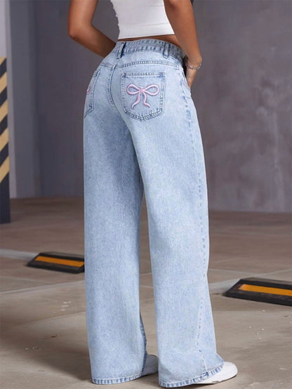 Hohe Taille Damenjeans Weite Bein Spitzen Detail