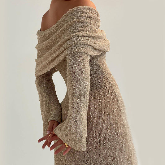 BerlinGlamour Damen Langarm-Strickkleid (einseitig)