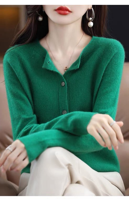Damen Strickjacke Merino Wolle Rundhals Langärmlig