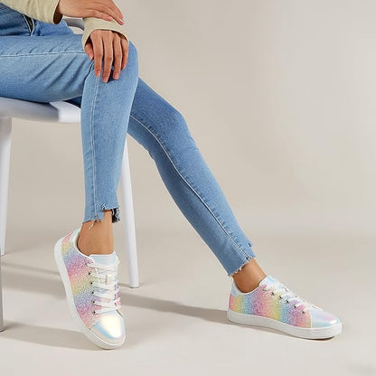 Damen Sneaker Schnürschuhe Fashion Glitzer