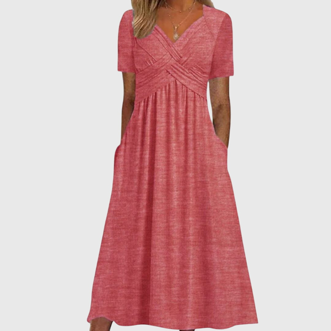 Damen Maxikleid V-Ausschnitt Kurzärmel Sommerkleid
