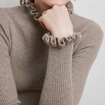 Damen Strickpullover Rollkragen Weich Rüschendetails
