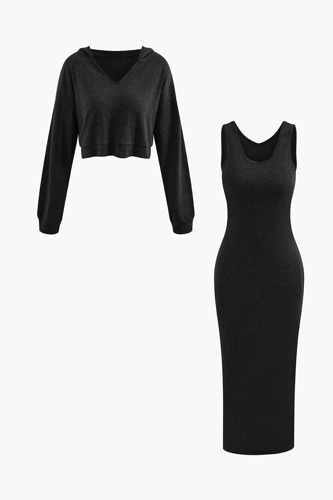 Lässiges Zweiteiler Set Hoodie Midi Kleid Damen