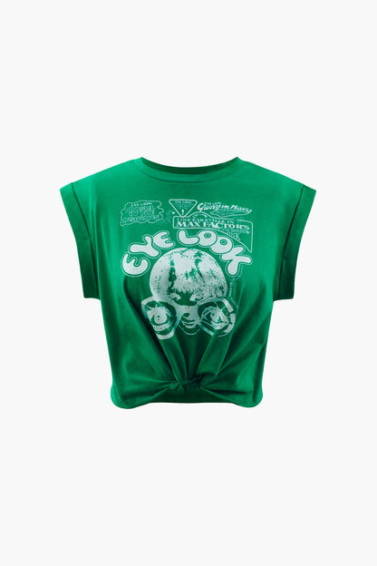 Crop-T-Shirt Damen Grafikdruck Hochgekrempelte Ärmel Knoten Detail