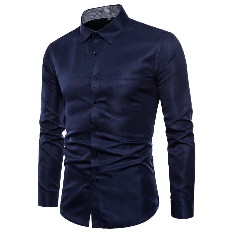Herren Langarmhemd Slim Fit Satin Modern Schwarz