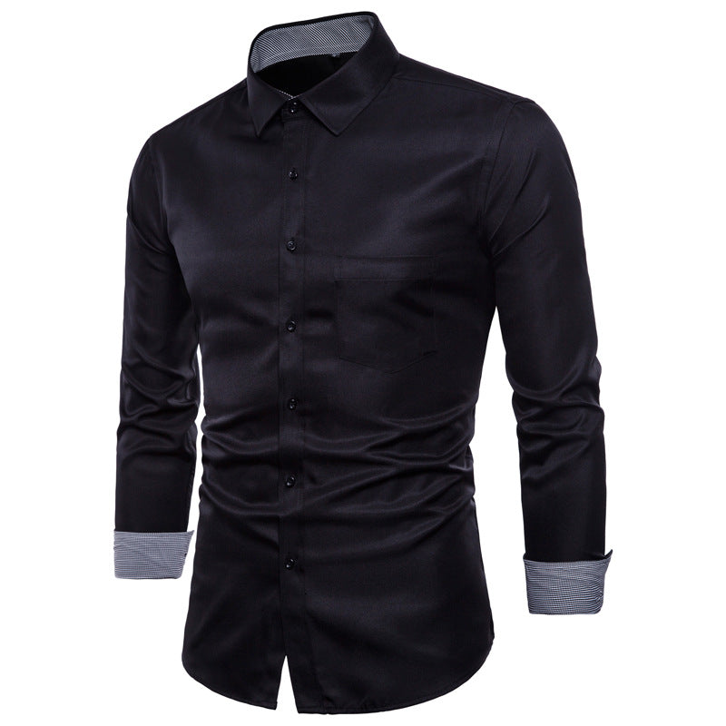 Herren Langarmhemd Slim Fit Satin Modern Schwarz