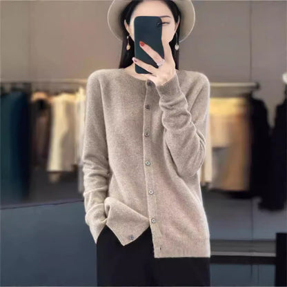 Damen Strickjacke Merino Wolle Rundhals Langärmlig