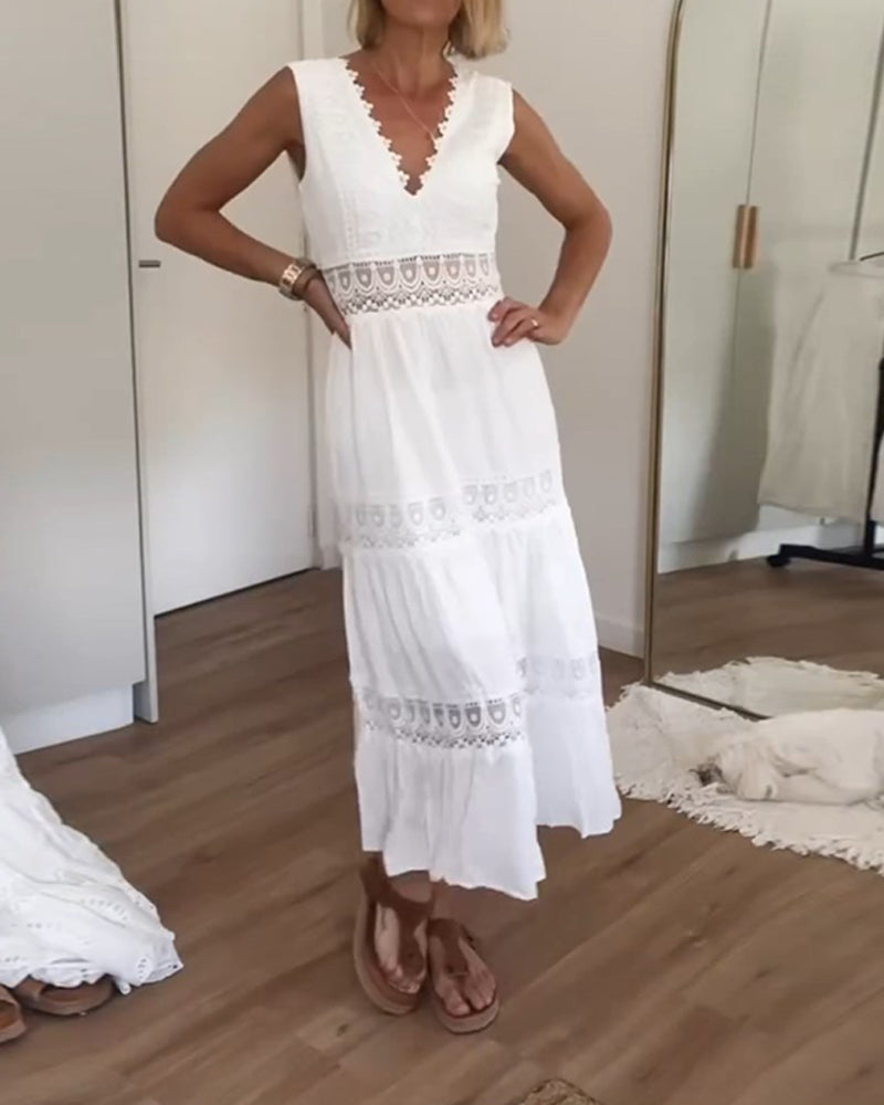 Midi Sommerkleid Spitze V-Ausschnitt Elegant Frauenkleid