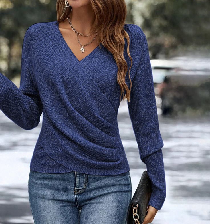 Strickbluse Damen Modern Wickelbluse Bequem Polyester