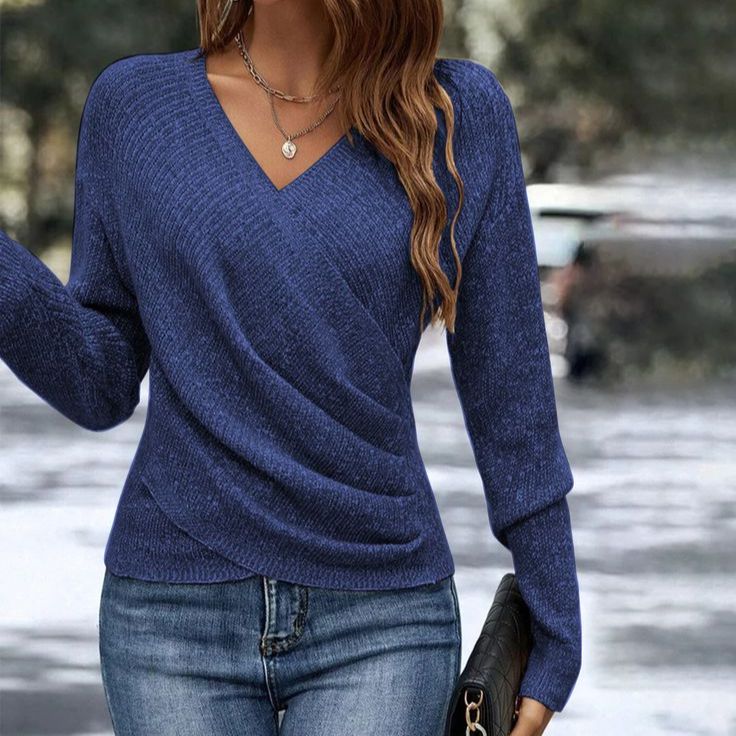 Strickbluse Damen Modern Wickelbluse Bequem Polyester