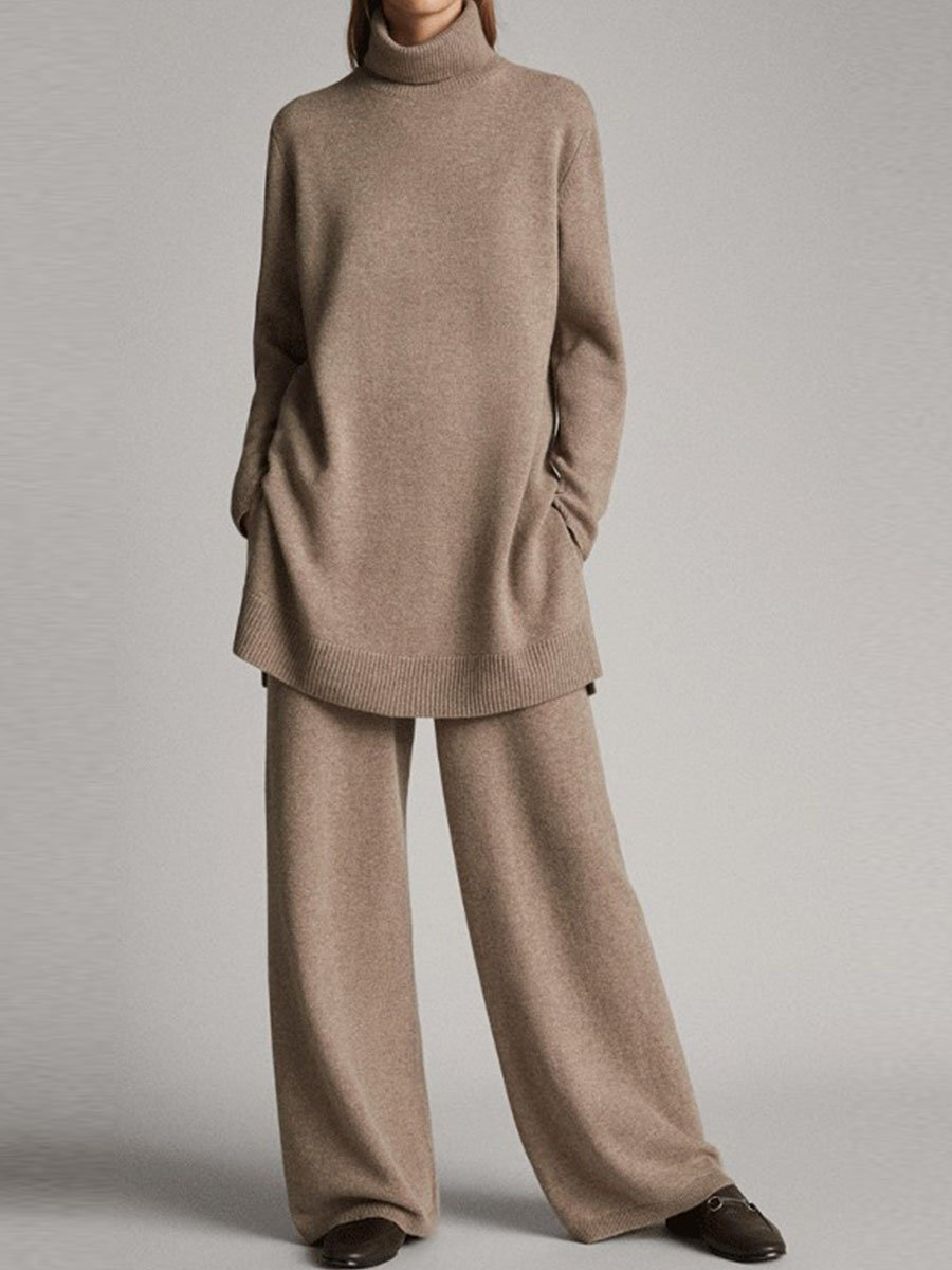 Damen Pullover und Hose Set Rollkragen Weitbein Warm