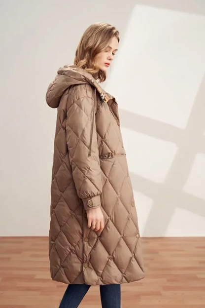 Langer Damenmantel mit Kapuze Diamant Muster Warm