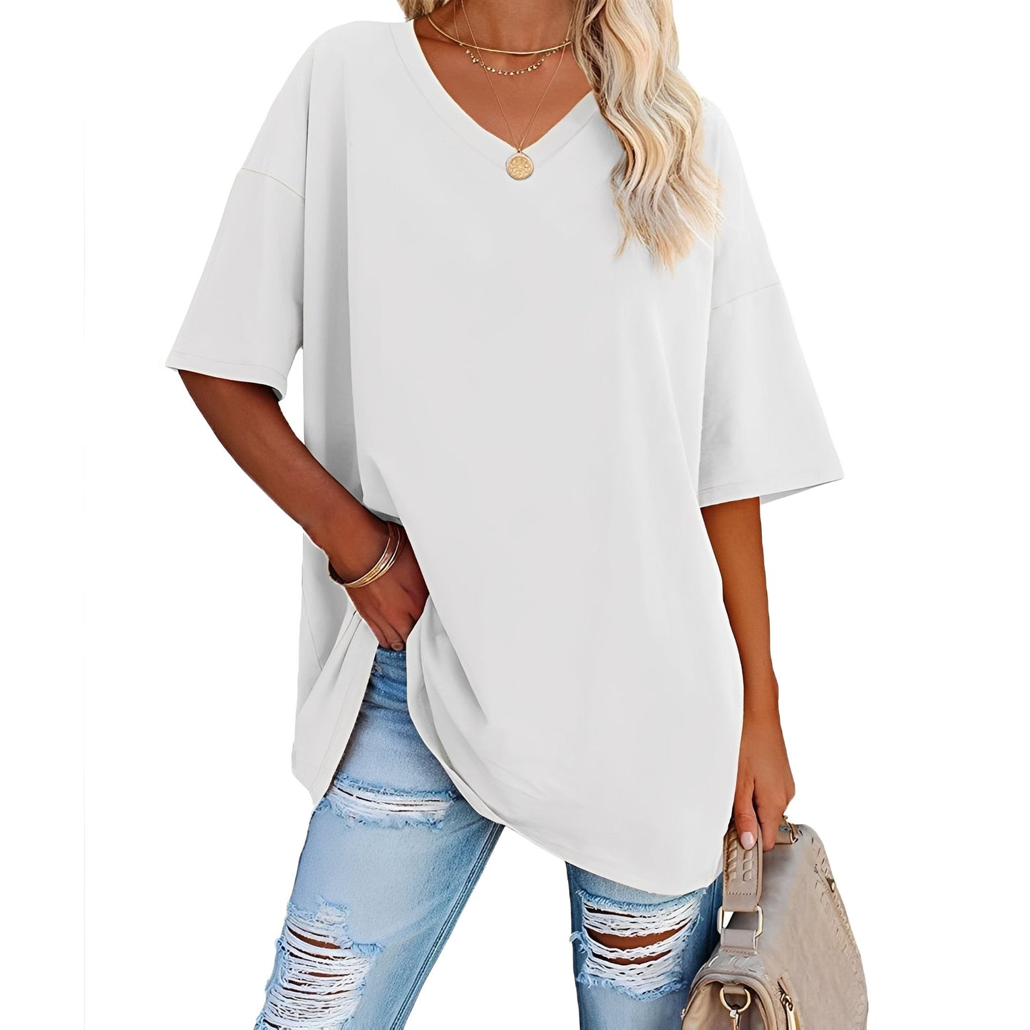 Damen Shirt V-Ausschnitt Lässig Locker Geschnitten