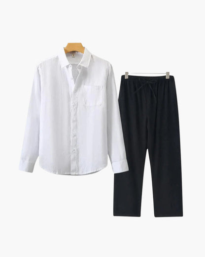 Herren Leinenanzug Sommer Zweiteiler Langarm Hose Hemd Set