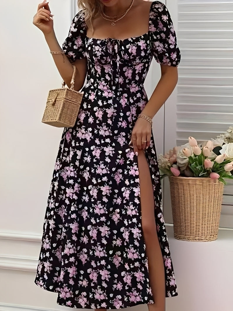 Kleid Damen Blumenmuster mit Schlitz Modern