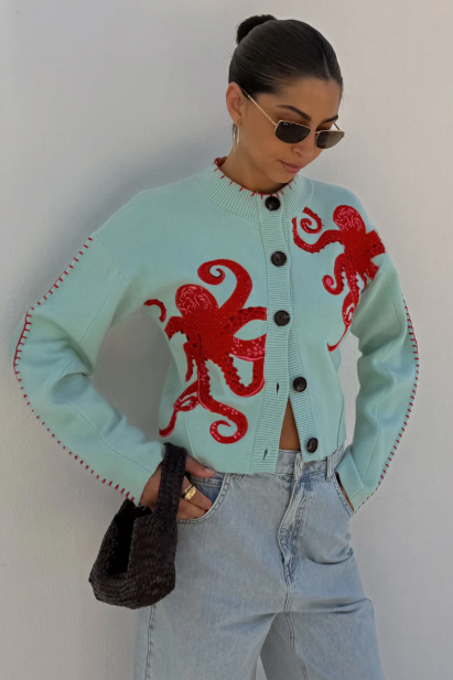 Maritime Strickjacke Oktopus Motiv Kontrast