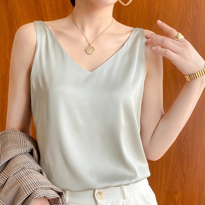 Damen Oberteil V-Ausschnitt Satin Top Elegent