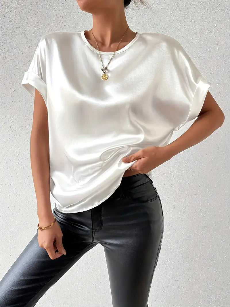 Damen T-Shirt Satin Optik Umschlag Ärmel Elegantes Design