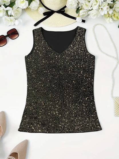 Elegantes Pailletten Top Ärmellos Damen Oberteil Glitzer