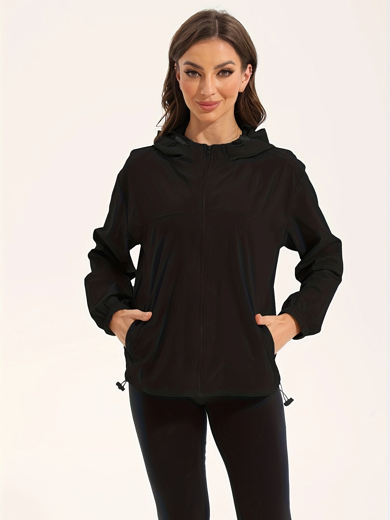 Wasserabweisende Frauen Sportjacke mit Kapuze Schwarz