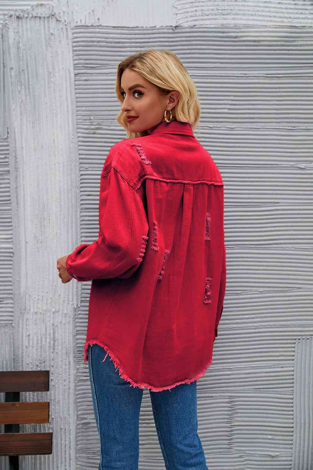 Rohsaum Denimjacke Zerrissen Trendig Frauenjacke