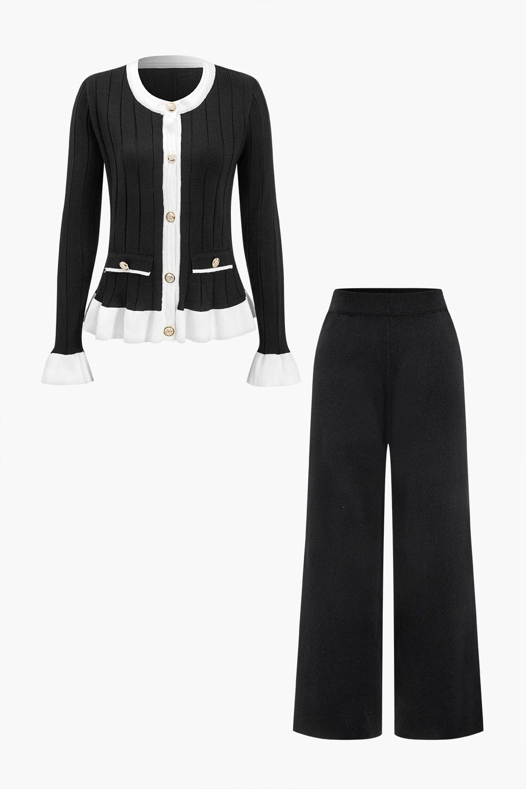 Damen Zweiteiler Set mit Strickjacke und Weite Hose - BerlinGlamour