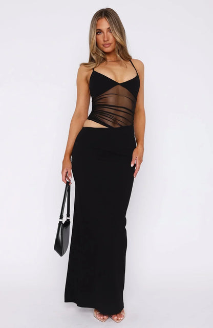 Elegantes Maxikleid mit Mesh Details und V-Ausschnitt - BerlinGlamour