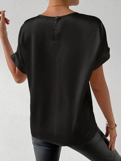 Damen T-Shirt Satin Optik Umschlag Ärmel Elegantes Design