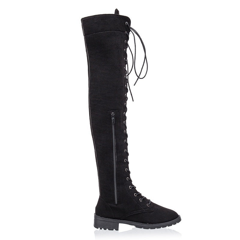 Damen Stiefel Überknie Weiches Wildleder Schnürstiefel