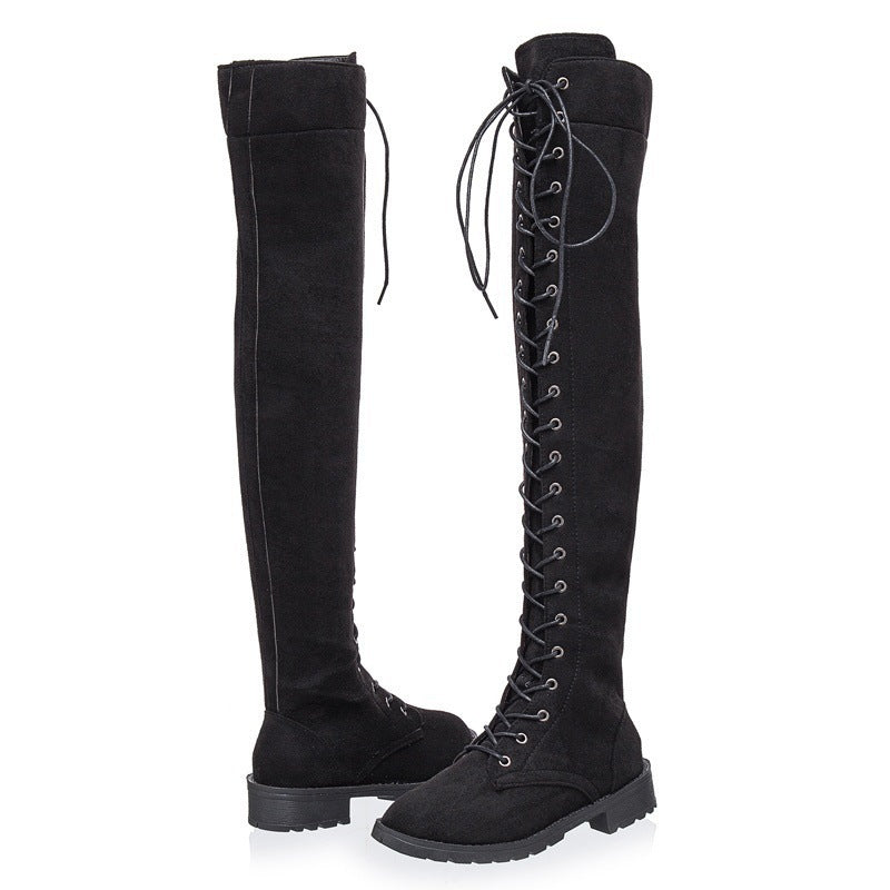 Damen Stiefel Überknie Weiches Wildleder Schnürstiefel