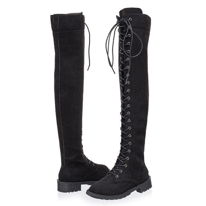 Damen Stiefel Überknie Weiches Wildleder Schnürstiefel