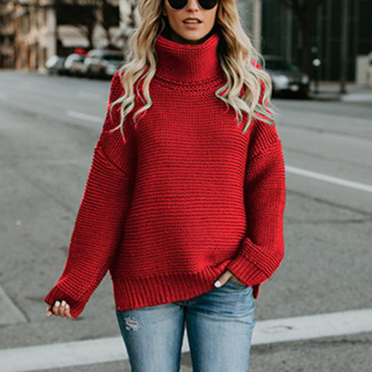 Damen Pullover Grobstrick Hochkragen Lässig Oversized