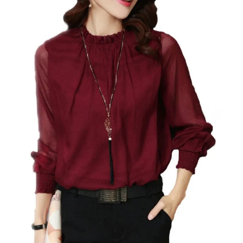 Elegante Damen Bluse Langarm Rüschen Schwarz
