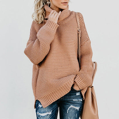 Damen Pullover Grobstrick Hochkragen Lässig Oversized