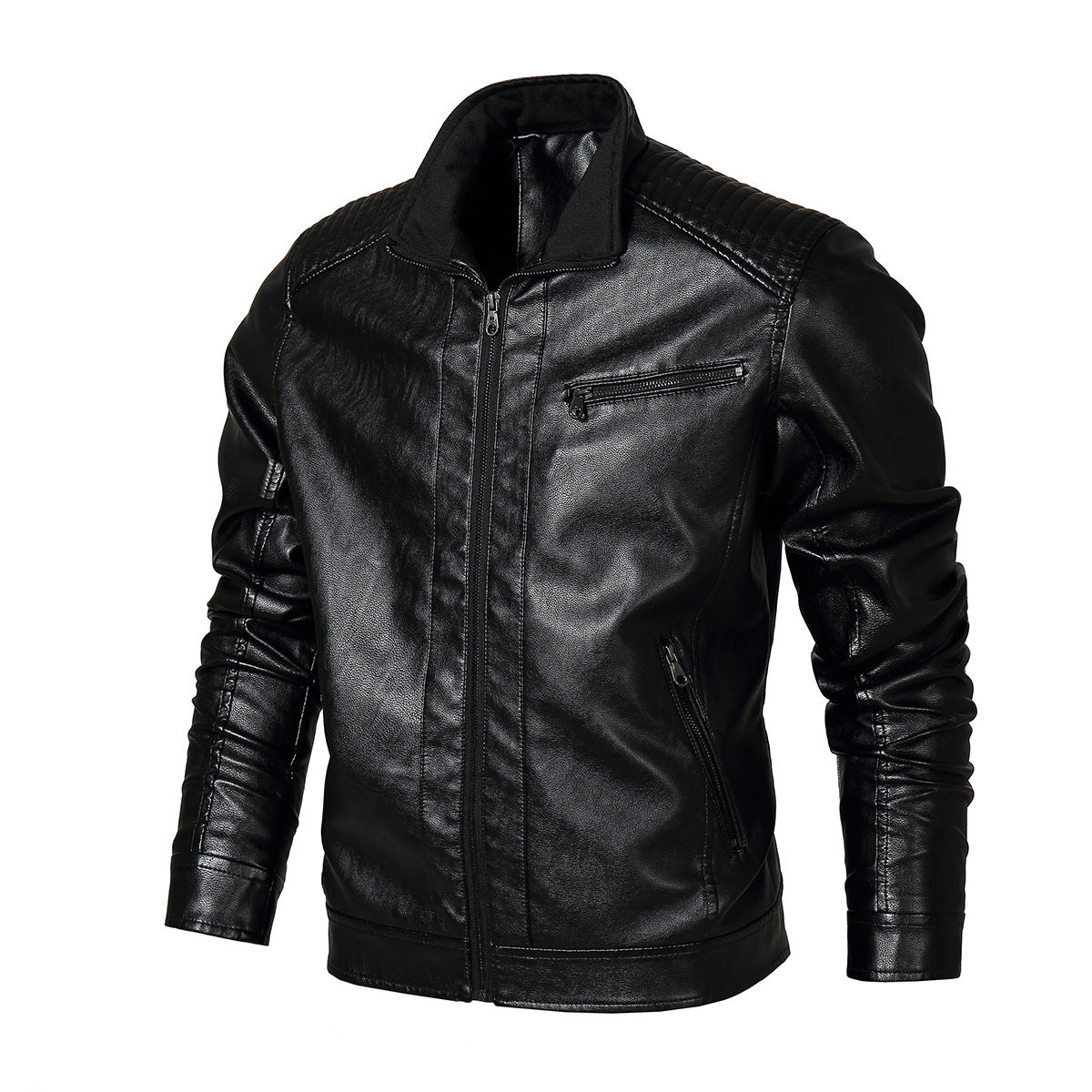 Herren Lederjacke Bikerstil Modern mit Steppnähten Schwarz