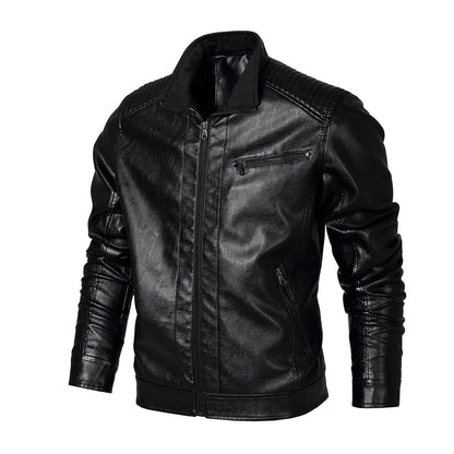 Herren Lederjacke Bikerstil Modern mit Steppnähten Schwarz