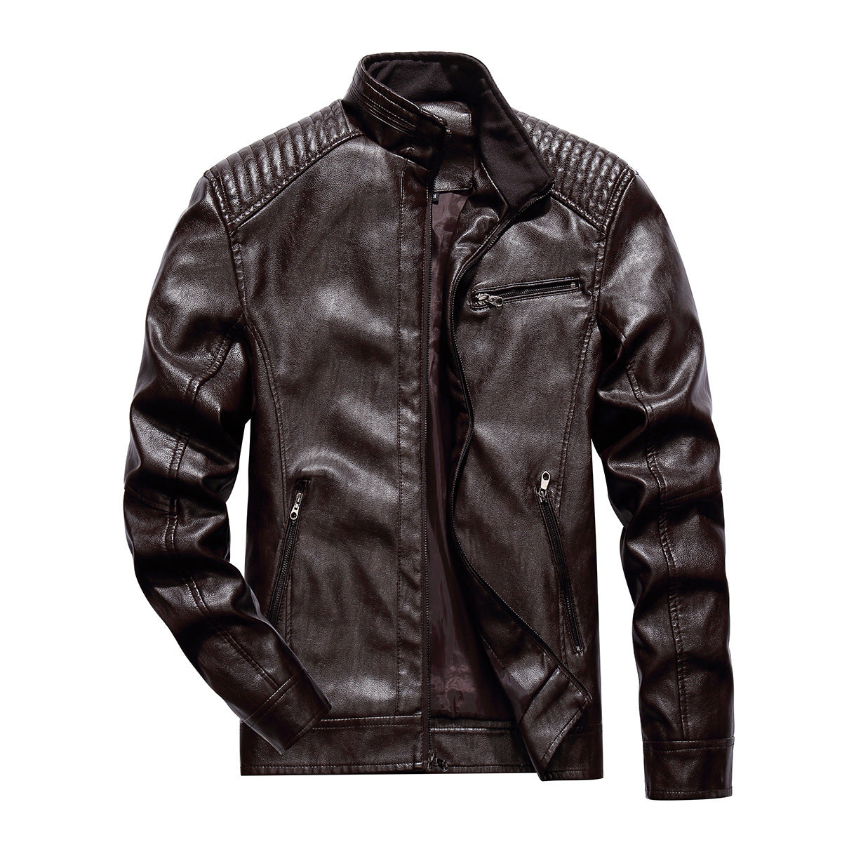 Herren Lederjacke Bikerstil Modern mit Steppnähten Schwarz
