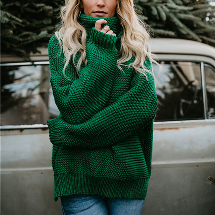 Damen Pullover Grobstrick Hochkragen Lässig Oversized