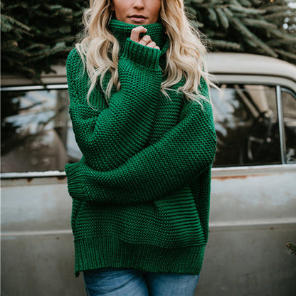 Damen Pullover Grobstrick Hochkragen Lässig Oversized