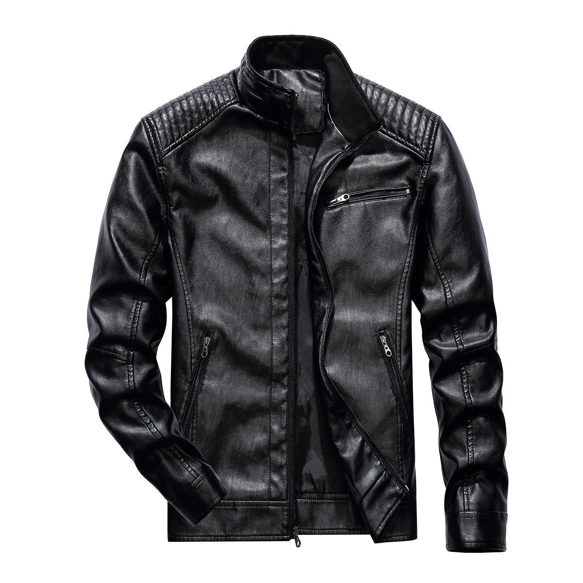 Herren Lederjacke Bikerstil Modern mit Steppnähten Schwarz