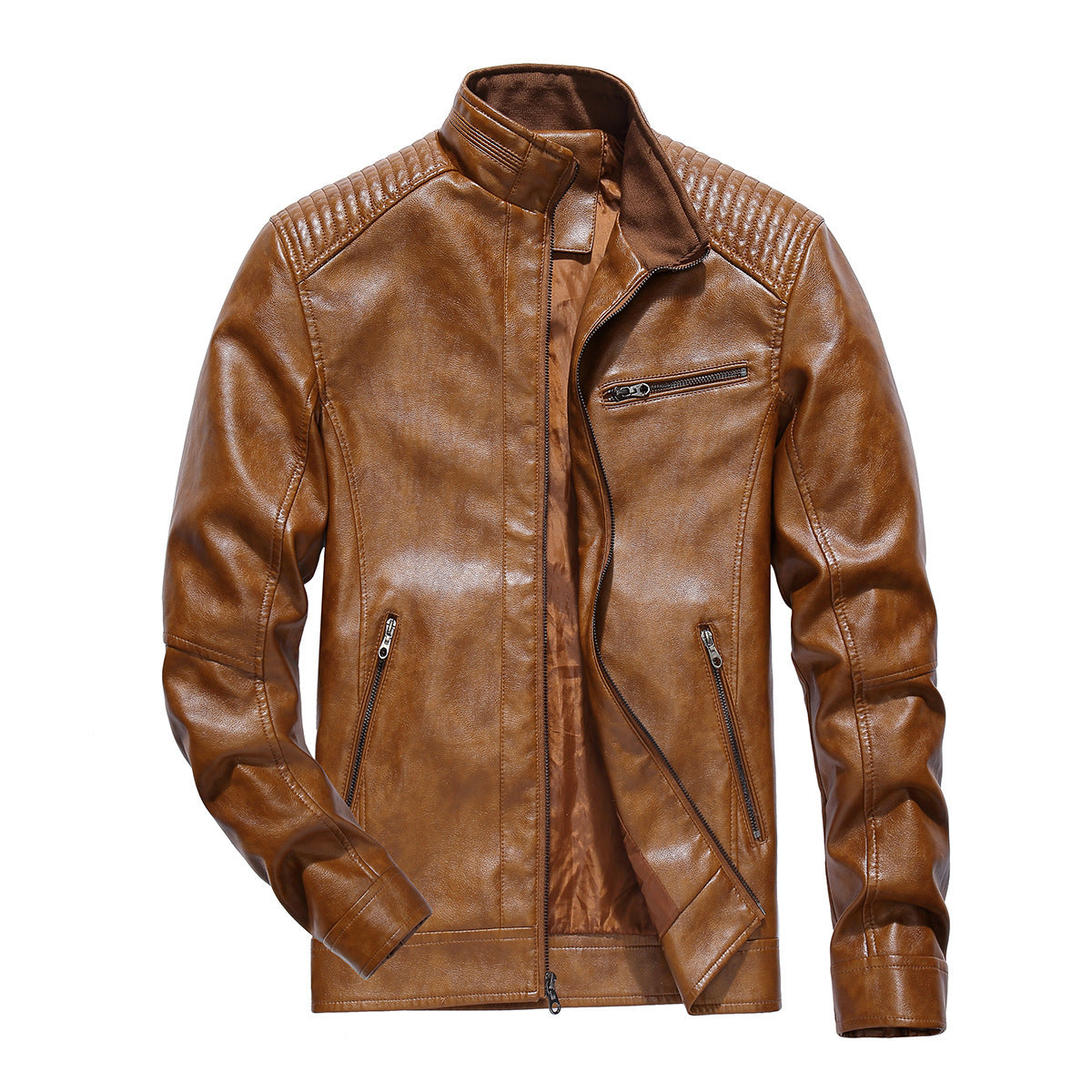 Herren Lederjacke Bikerstil Modern mit Steppnähten Schwarz