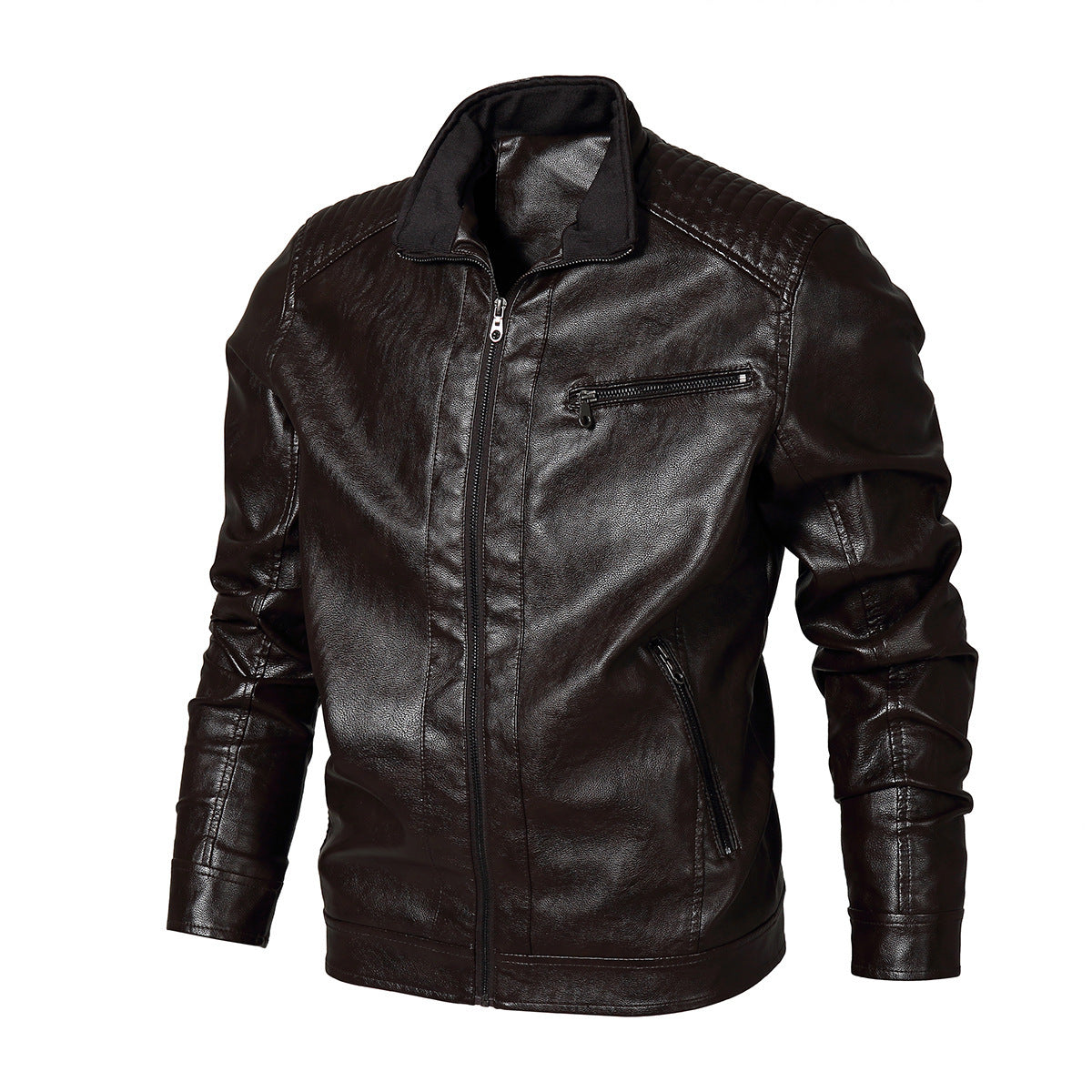 Herren Lederjacke Bikerstil Modern mit Steppnähten Schwarz