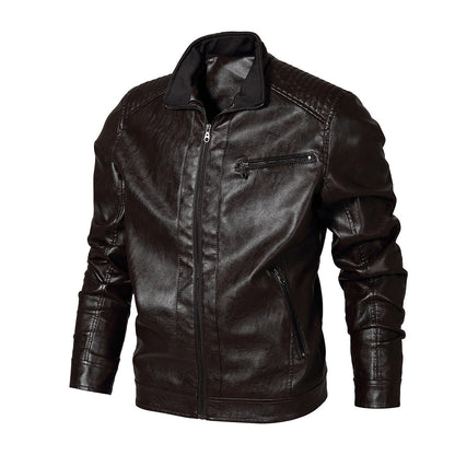 Herren Lederjacke Bikerstil Modern mit Steppnähten Schwarz