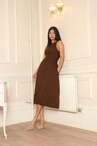 Braunes Leinenkleid Ärmellos Damen Midikleid Figurbetonter Stil