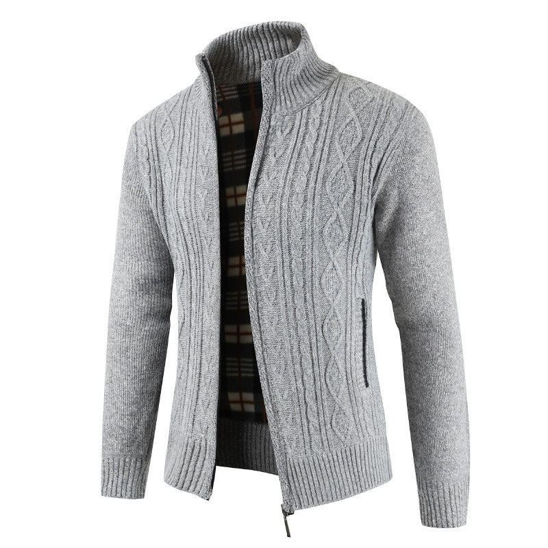 Herren Strickjacke Zopfmuster Hochkragen Schwarz